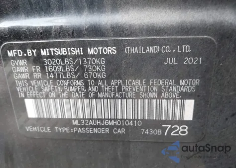2021 Mitsubishi Mirage Carbonite Edition/Es/Le from USA, damaged, VIN ML32AUHJ6MH010410